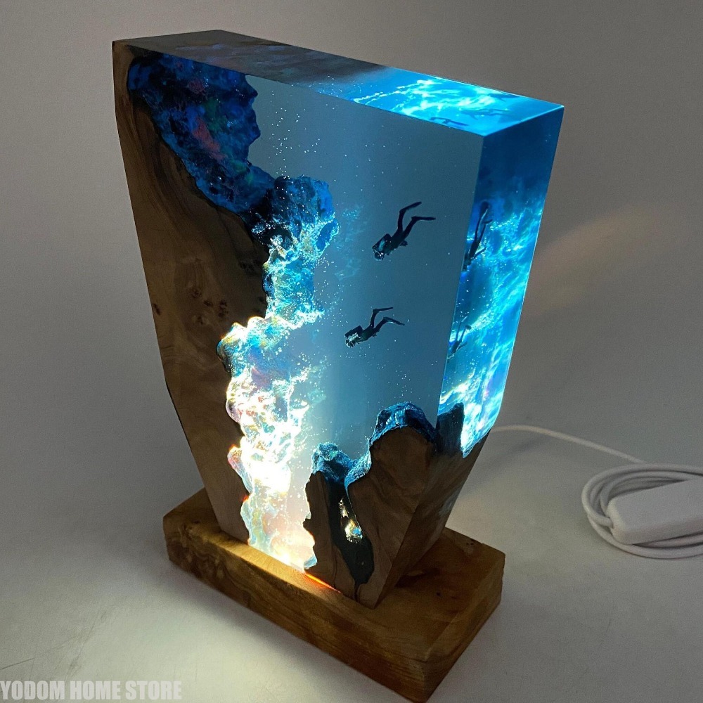Resin Art Lamp - 新しい海底世界生物樹脂テーブルライト創造的なアート装飾ランプダイビング洞窟探検テーマナイトライトUSB充電