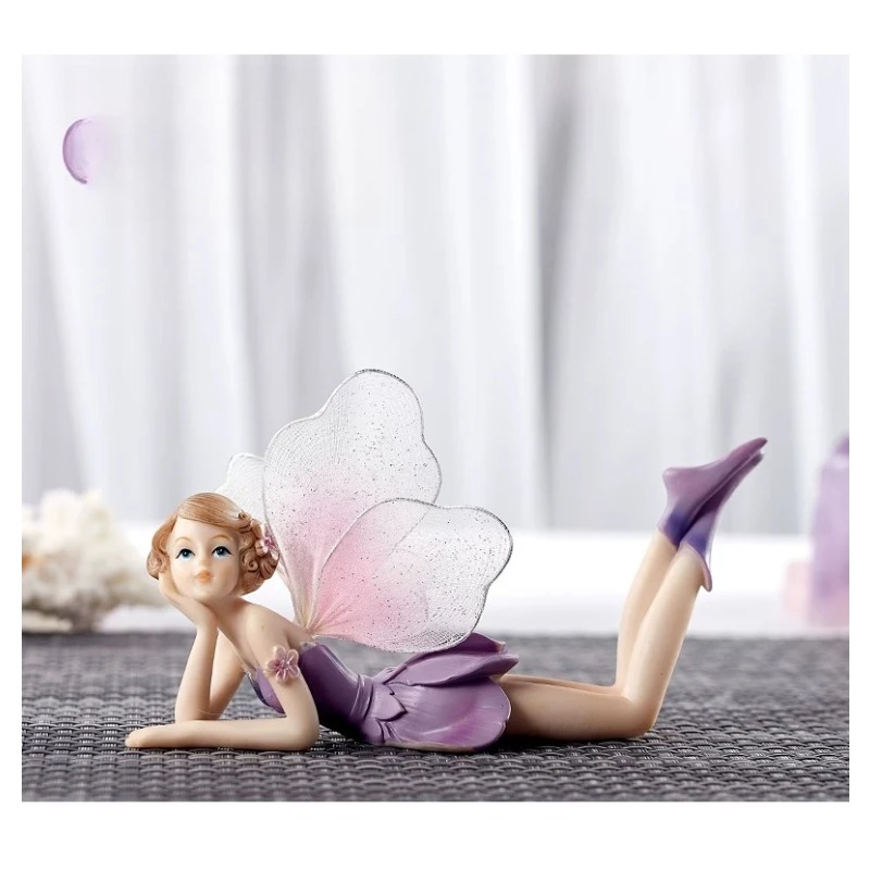 Resin Art Decoration Items - ミニチュアフラワーフェアリーフィギュア 美しい樹脂製の翼を持つ妖精の女の子 紫色の天使の飾り アートクラフト ホームデコレーション