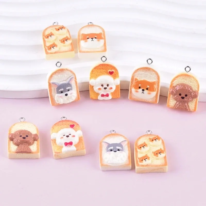 Resin Art Craft - 10 個かわいいトースト犬樹脂ペンダント漫画動物チャーム DIY クラフト用品イヤリングキーホルダーファッションジュエリー装飾