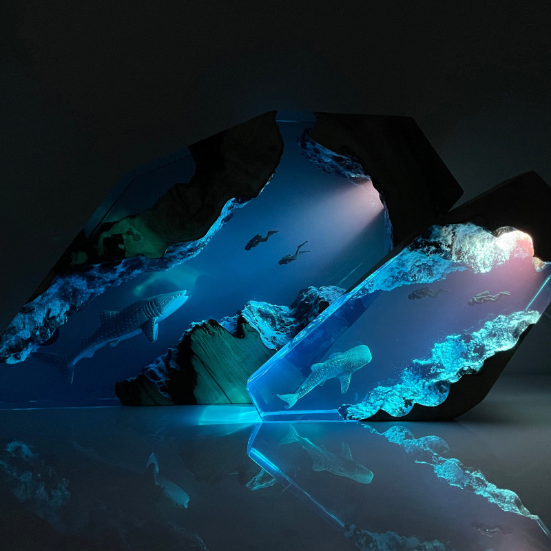 Resin Art Decoration Items - ミニチュアジンベエザメダイバーレジンランプ エポキシ樹脂木製アートデザイン 父の日ギフト ホームデコレーション必需品 クリエイティブアイテム