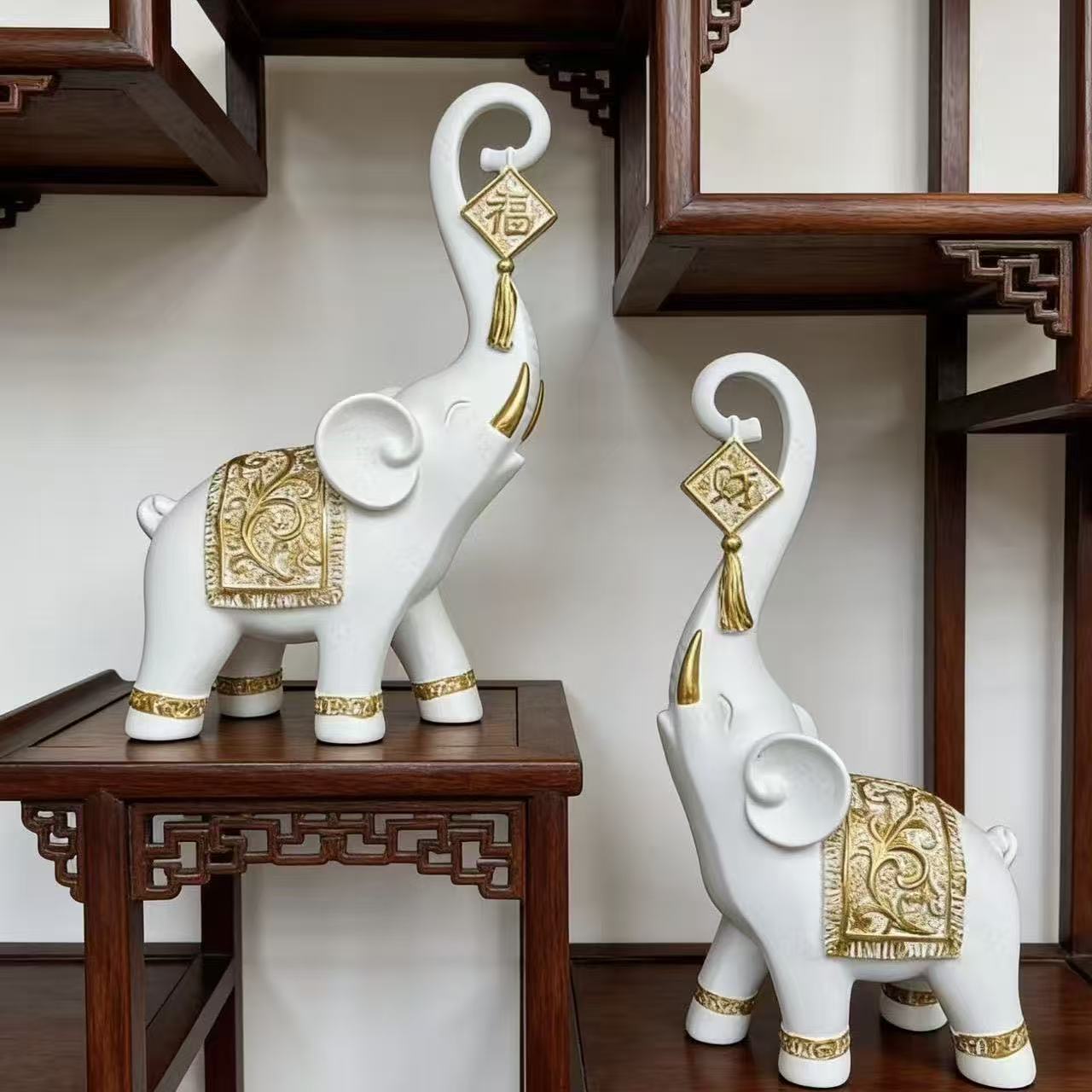 Resin Art Gift For Wedding - 1 ペア中国風幸運の象の鼻の置物家の装飾動物樹脂象像アート工芸品装飾品ギフト