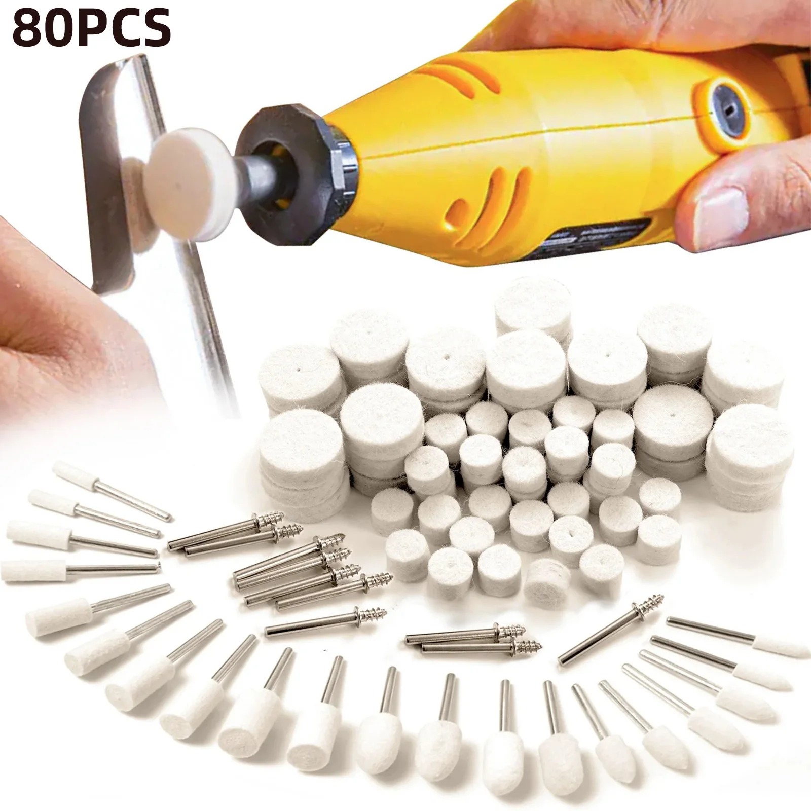 Resin Art Store - 80個入りウールフェルトバフ研磨ホイールキット、1/8インチシャンク回転工具研磨ホイール、金属、ジュエリー、木材、プラスチック、樹脂用