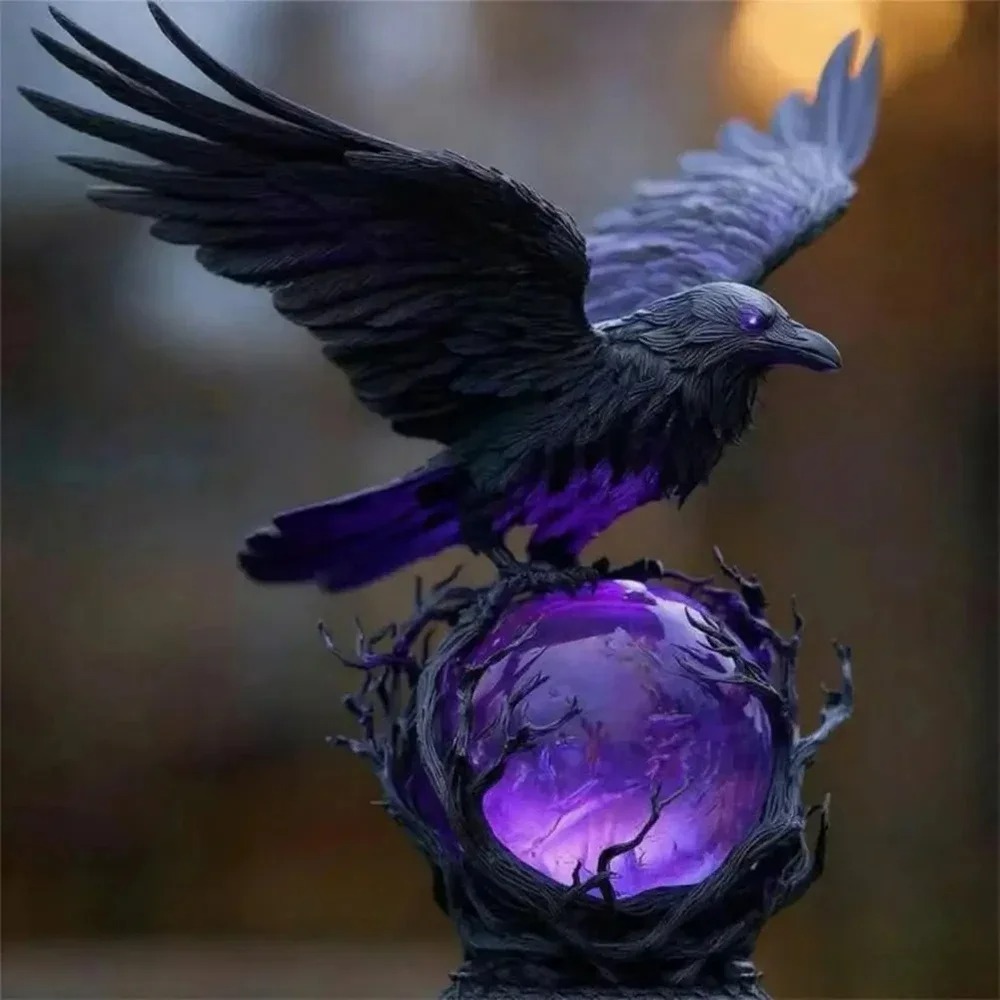 ゴシック・レイヴンLEDランプ彫刻 紫色の光る球体 ミステリ - Resin Art Lamp のレビューと価格