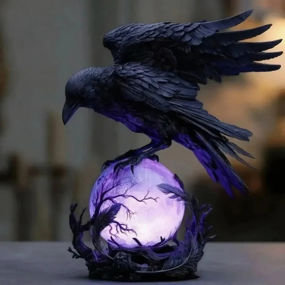 ゴシック・レイヴンLEDランプ彫刻 紫色の光る球体 ミステリ - Resin Art Lamp のレビューと価格